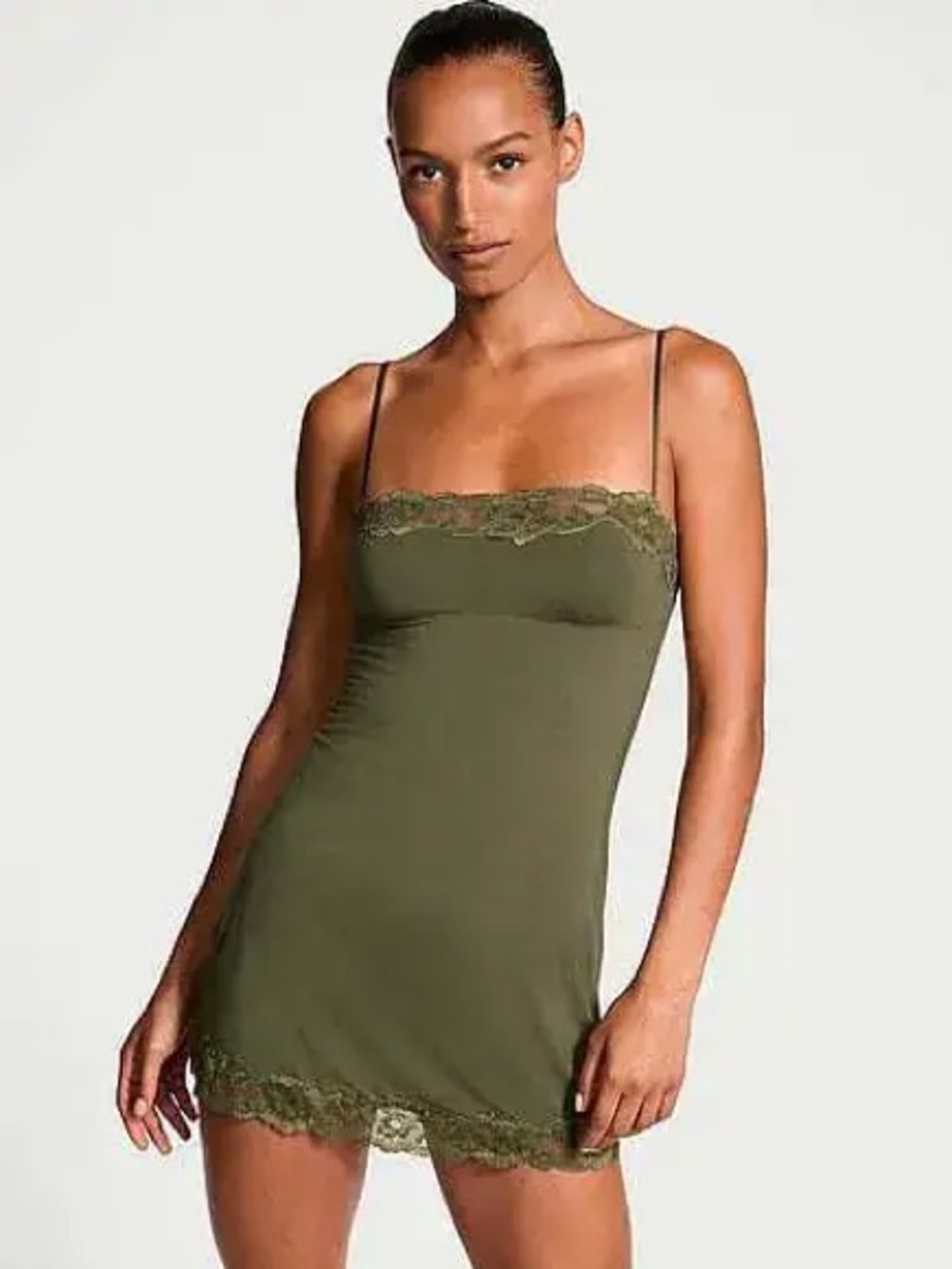 Victoria's Secret Olive Green Soft Modal Lace Trim Slip Dress Size Small